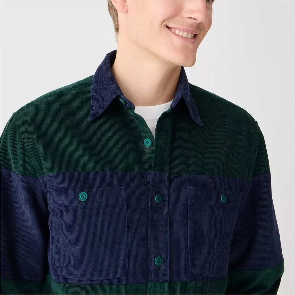 J.Crew Men's Midweight Corduroy Workshirt Green Blue Colorblock Size SMALL